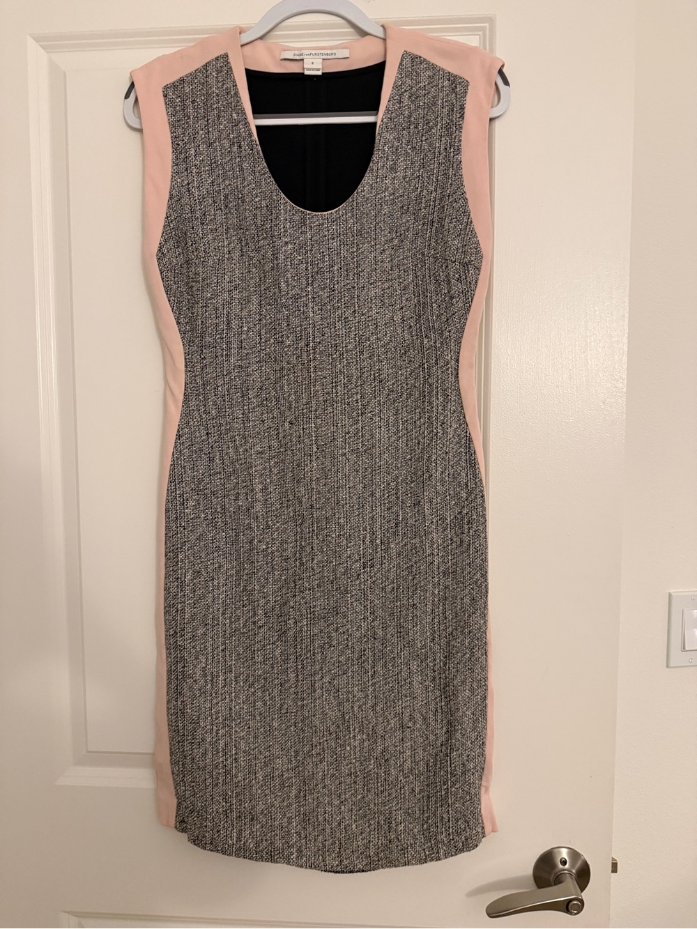 Diane Von Furstenberg Gray Tweed Sheath Dress with Blush Pink Panels